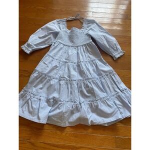 Crown & Ivy Dress Girls Size Small Blue Stripe Tiered Ruffle Smocked Cottagecore